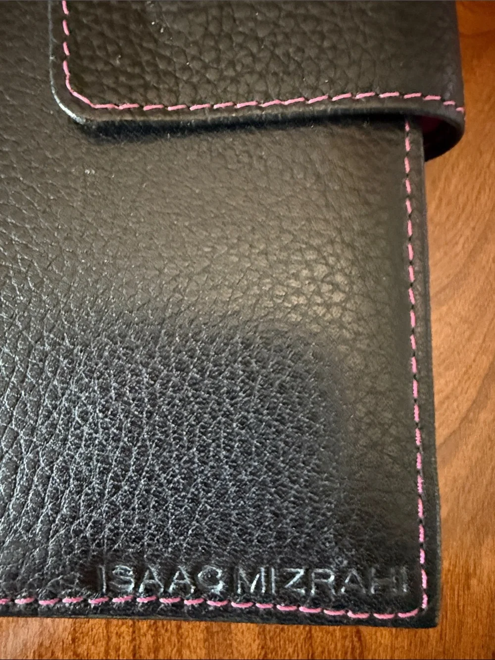 Isaac Mizrahi Black Leather Passport case with Pink Stitching